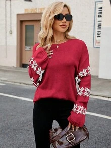 Women's High Quality Christmas Snowflake Pattern Sweater, Flare Sleeve Round Neck Top - Red - View 6