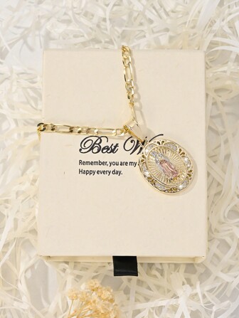 1 件 14K 镀金铜合金锆石雕刻圣母玛利亚吊坠项链，欧美风格，适合母亲、情侣、姐妹、朋友礼物、日常和节日佩戴、祈祷