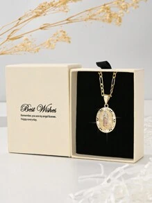 1pc 14K Gold-Plated Copper Alloy Zirconia Carved Virgin Mary Pendant Necklace, European & American Style, Suitable For Mothers, Couples, Sisters, Friends Gifts, Daily And Festival Wear, Prayer