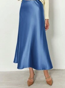 Women's Satin Silk High Waist Flare A-Line Midi Skirt Solid Color Spring Summer Fall Autumn Skirt Cocktail Valentine Day Wedding Elegant Valentine Midi Skirt - 藍色 - 查看 4