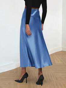 Women's Satin Silk High Waist Flare A-Line Midi Skirt Solid Color Spring Summer Fall Autumn Skirt Cocktail Valentine Day Wedding Elegant Valentine Midi Skirt - 藍色 - 查看 2