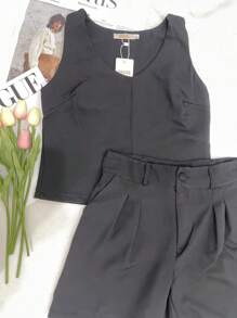 Women Summer Casual Suit Set With Vest And Shorts/DD078 - 黑色 - 查看 2