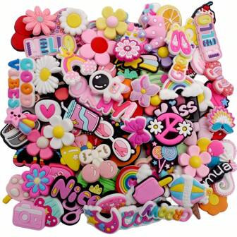 Set da 10-20-30-50-100 pezzi di charm per scarpe a serie rosa casuali, adatti per bracciali, borse e accessori - in materiale PVC, regalo ideale per compleanni, Natale, San Valentino e la scuola di San Valentino