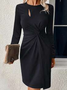 Plus Size Asymmetrical Cutout Slit Bodycon Mid-Length Sexy Black Long Sleeve Dress