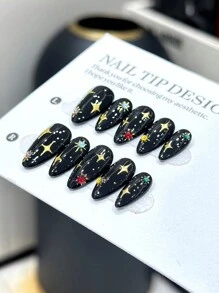 10片纯手工可穿戴指甲片杏仁形指甲类型，深秋冬色高贵风格，配有手工彩绘星星太阳装饰配件，是一款高端美甲假指甲成品，时尚个性化适合女士和女孩日常佩戴，带指甲套装按压指甲美甲用品指甲