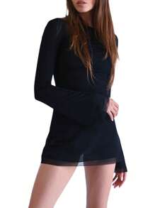 Female Short Dress, Solid Color/ Floral Print Long Sleeve Backless Dress, Black/Khaki, S/M/L