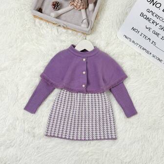 2 件套女童时尚圆领毛衣斗篷开衫和裙子套装，秋冬季休闲装