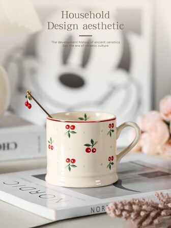1pc Korean Style Cherry Ceramic Mug, Cute Cartoon Coffee Cup With Spoon, Home Breakfast Cup, Milk Cup