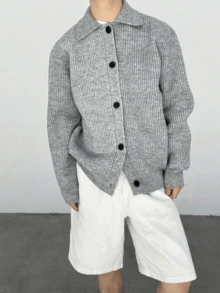 Áo len cardigan dệt kim rộng rãi, thoải mái, đa năng, có ve dành cho nam, mùa thu/đông - Xám - Xem 4