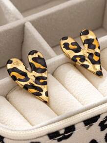Set de 2 piezas/6 piezas/8 piezas de pendientes de diseño de corazón arrugado con estampado de leopardo de aleación de zinc para mujeres, pendientes de corazones lindos para Día de San Valentín, Fiesta, Mamá, Madre, Día de la Madre, Regalo - amar - Ver 3