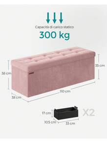 SONGMICS Cassapanca, Pouf Contenitore, Poggiapiedi Pieghevole da 38 x 110 x 38 cm, Ottomano, Regge f*ino a 300 kg, per Soggiorno, Camera da Letto, Entrata, Nero Inchiostro/Rosa Pastello/Grigio Tortora/Bianco Crema/Grigio Ardesia - Rosa - Visualizzare 5