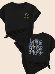 Line Bear Story Printed T-Shirt Women's Casual Fashion Comfort Premium Short Sleeve Blouse - 所以 - 查看 1