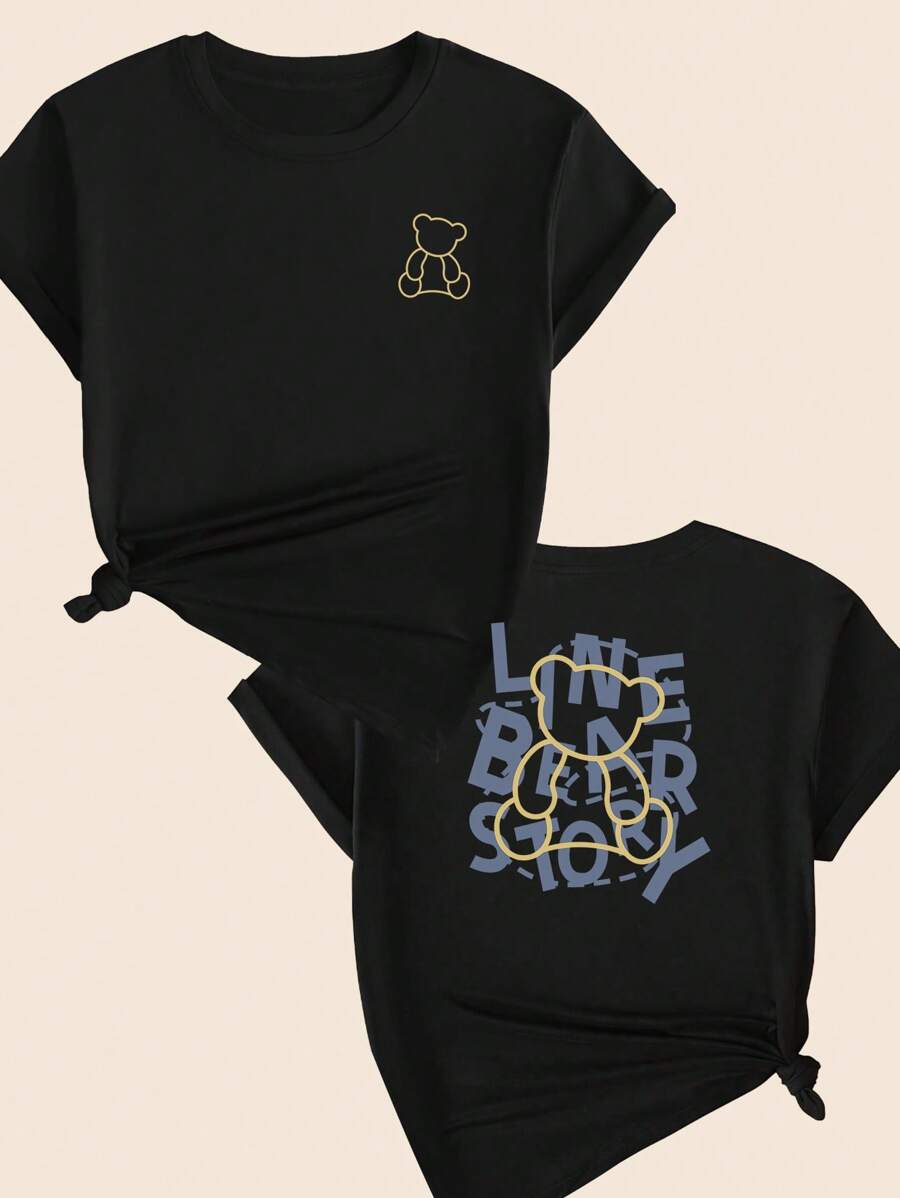 Line Bear Story Printed T-Shirt Women's Casual Fashion Comfort Premium Short Sleeve Blouse - 所以 - 查看 1