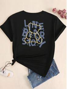 Line Bear Story Printed T-Shirt Women's Casual Fashion Comfort Premium Short Sleeve Blouse - 所以 - 查看 3