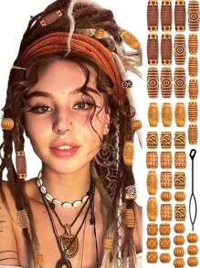 CECILLIA WIG 46PCS Wood Hair Beads For Braids Loc Jewelry Beads For Hair Wooden Beads Dreadlock Accessories Multi Shape Loc Beads Hair Decoration For Women And Men, Style-3 Hair Clips, School Stuff