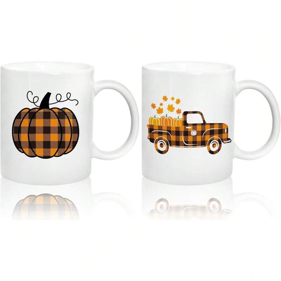 2Pcs Autumn Pumpkin Truck Mug Set 12oz Buffalo Plaid Fall Coffee Mug Ceramic Couple Cups Autumn Harvest Party Cups For Thanksgiving Home School Office Table Centerpieces Autumn Tea Cup Thanksgiving Decor Useful Gifts For Her