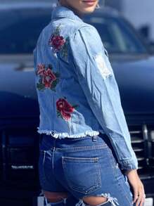 Women's Jacket, Short-Length Women's Jacket In Light Blue With Ripped Design, Rose Embroidery On The Back And Fringes On The Hem. It Has Buttons And Pockets.