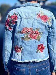Women's Jacket, Short-Length Women's Jacket In Light Blue With Ripped Design, Rose Embroidery On The Back And Fringes On The Hem. It Has Buttons And Pockets.