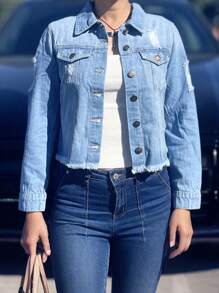 Women's Jacket, Short-Length Women's Jacket In Light Blue With Ripped Design, Rose Embroidery On The Back And Fringes On The Hem. It Has Buttons And Pockets.