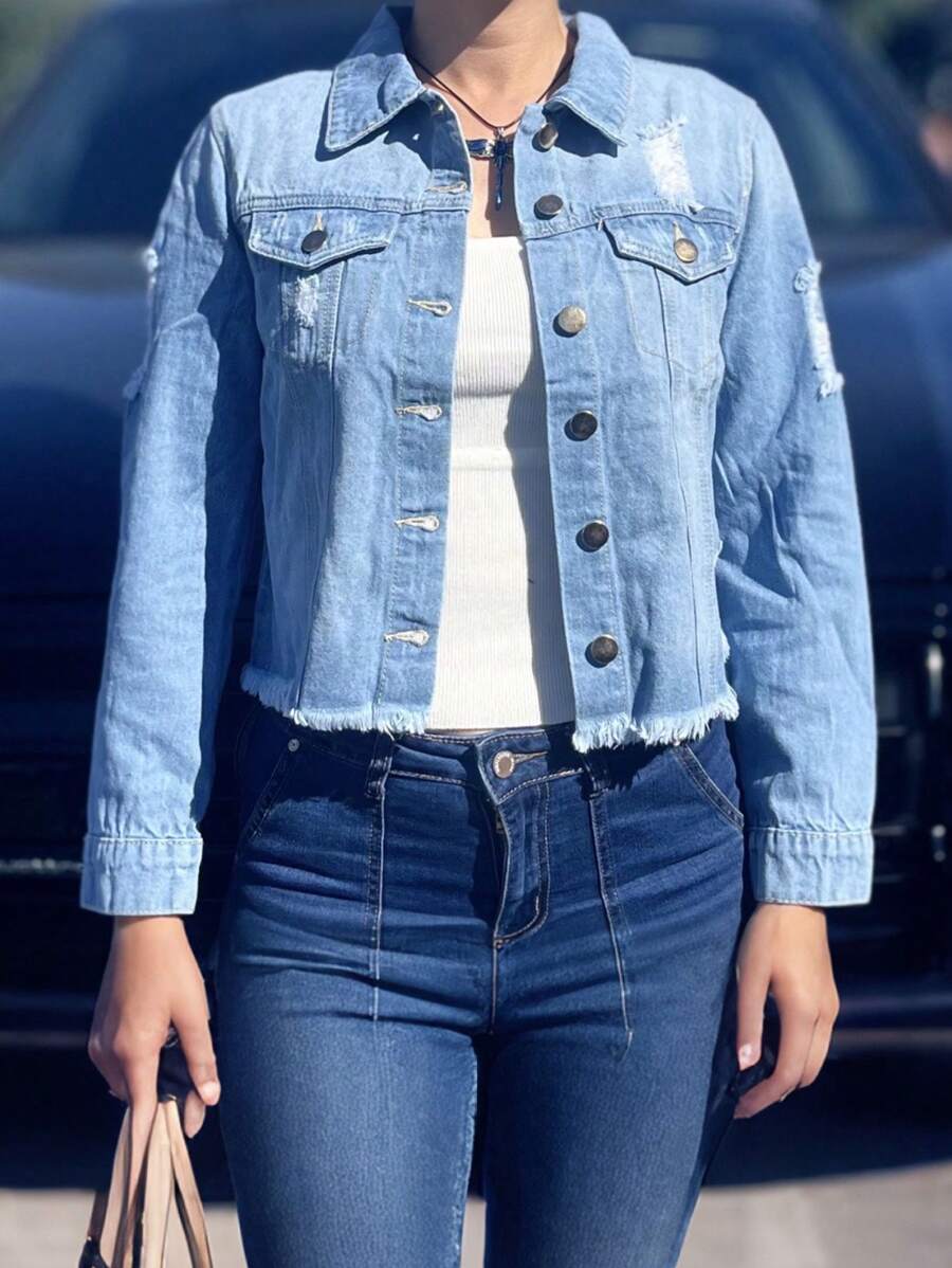 Women's Jacket, Short-Length Women's Jacket In Light Blue With Ripped Design, Rose Embroidery On The Back And Fringes On The Hem. It Has Buttons And Pockets.