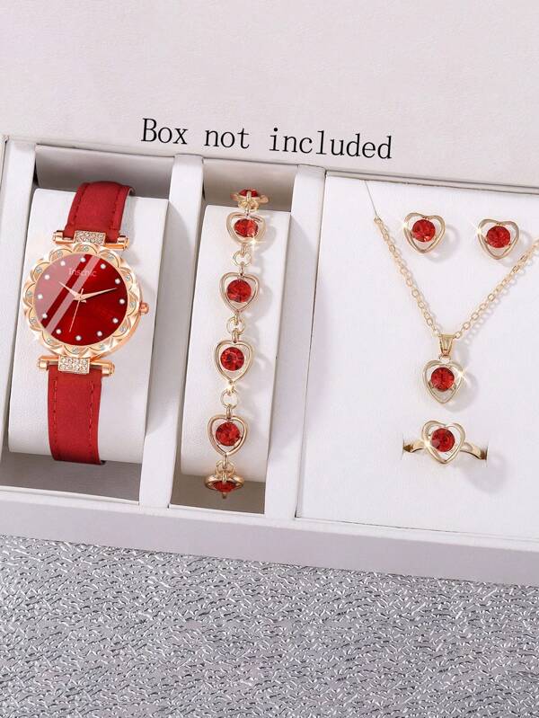 6pcs Stylish And Elegant Girls Red Leather Strap Quartz Watch + Red Rhinestone Necklace Bracelet Earrings Ring Jewelry Set Suitable For Girls Watch Set Gift For Mom Christmas Thanksgiving