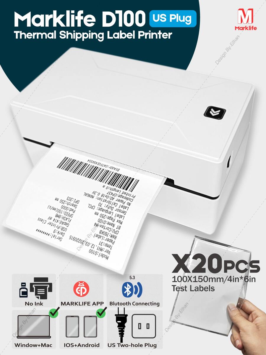 Marklife D100 Bluetooth Shipping Label Printer, Thermal Wireless Label Printer For Home Shipping Small Business, Shipping Packages 203DPI, 4X6 Inch, Compatible With, Etsy, IOS, Android, PC, MacOS, Windows, Waybill, Shipping Mark (White )