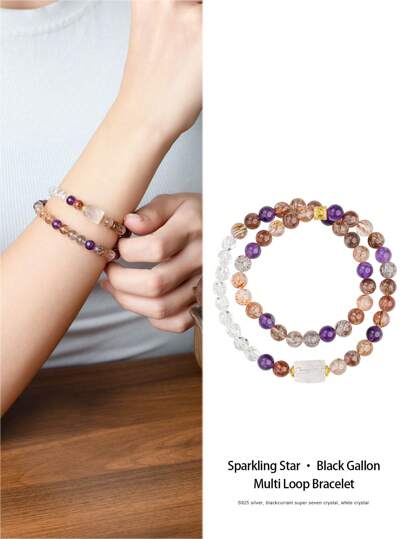  [VE] 1pc High Quality Sterling Silver Natural Black Garnet & Amethyst Wrap Bracelet, Profound & Brilliant, Containing Natural Energy. Meaning To Balance Body & Mind, Enhance Personal Magnetic Field, Attract Positive Energy & Good Luck, Adding A Mysterious & Charming Luster To Your Life. Natural Gemstone Color Varies.
