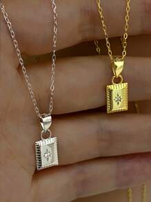 1pc S925 Sterling Silver Geometric Square Octagonal Star Pendant Necklace, Women's Minimalist 12th Birthday Diamond Inlaid Necklace, Clavicle Chain - Necklace - View 3