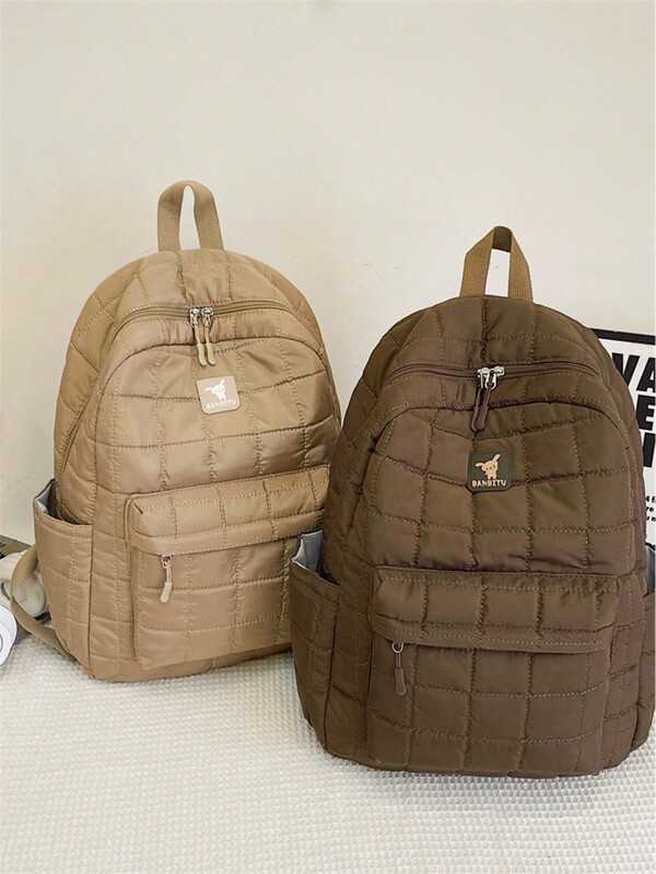 1pc Girls Color Block Polyester Large Capacity Zipper Closure Cute Backpack, Suitable For Outdoor Use