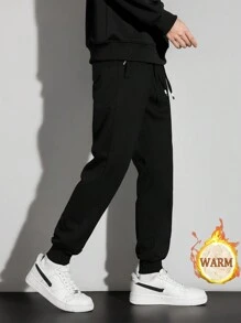 Men's Thick Solid Color Loose Sweatpants With Pockets And Drawstring, Suitable For Fitness, Sports And Outdoor Activities, Autumn/Winter