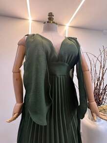 Long Pleated Dress V-Neckline Bridesmaid Dress For Wedding Graduation And Parties - 軍綠色 - 查看 3