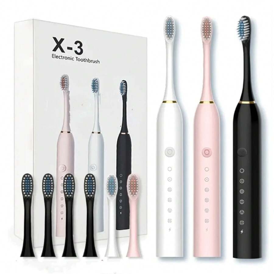 1 件成人新款电动牙刷，自动充电防水牙刷，男女皆宜，学生，居家/宿舍/旅行使用，附赠 4 个替换头，随机新旧包装