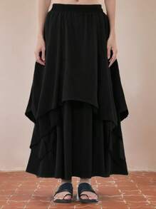 Falda de mujer de largo medio irregular cintura elástica falda de medio cuerpo marea Faldas de Mujer - Negro - Ver 2