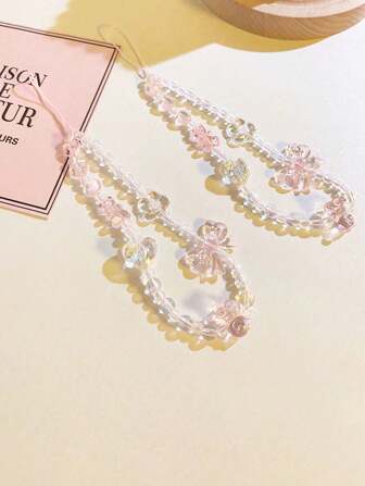 1pc Ins Pink Beaded Girl's Heart Bracelet Strip Cute Rabbit Bear Pendant Suitable For All Models Of Universal Phone Case New Earphone Case Lanyard DIY Wrist Pendant Strap Drop Resistance Anti-Lost Lanyard Korean Style Women's Style Gifts For Mother, Family, Friends, Birthday, Holiday Phone Charm, Phone Chain