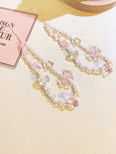 1pc Ins Pink Beaded Girl's Heart Bracelet Strip Cute Rabbit Bear Pendant Suitable For All Models Of Universal Phone Case New Earphone Case Lanyard DIY Wrist Pendant Strap Drop Resistance Anti-Lost Lanyard Korean Style Women's Style Gifts For Mother, Family, Friends, Birthday, Holiday Phone Charm, Phone Chain