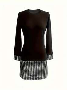 Chic Contrast Houndstooth Crew Neck Dress - Long Sleeve Spring & Fall Wardrobe Essential - Stylish And Comfortable Women Clothing