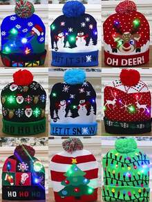 1 pieza Gorro de Navidad de punto con luces LED, regalo para fiesta de Año Nuevo, decoración navideña, gorro de Año Nuevo 2025, accesorio para Nochebuena - Multicolor - Ver 1