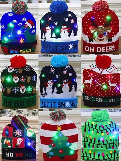 1pc Knitted Christmas Hat Santa Hat With LED Light New Year Party Gift Christmas Decoration 2025 New Year Hat Christmas Eve Accessories
