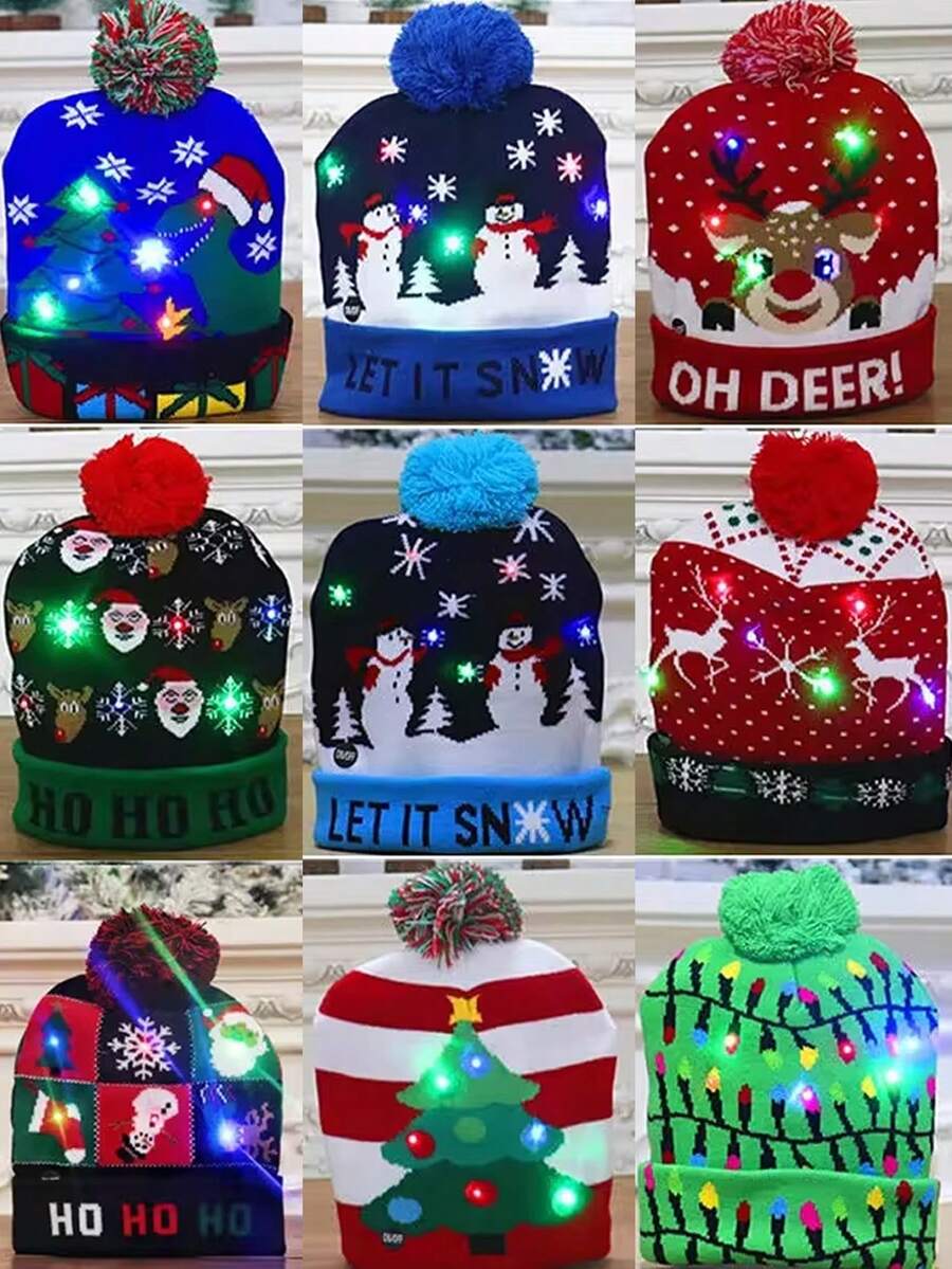 1 pieza Gorro de Navidad de punto con luces LED, regalo para fiesta de Año Nuevo, decoración navideña, gorro de Año Nuevo 2025, accesorio para Nochebuena - Multicolor - Ver 1
