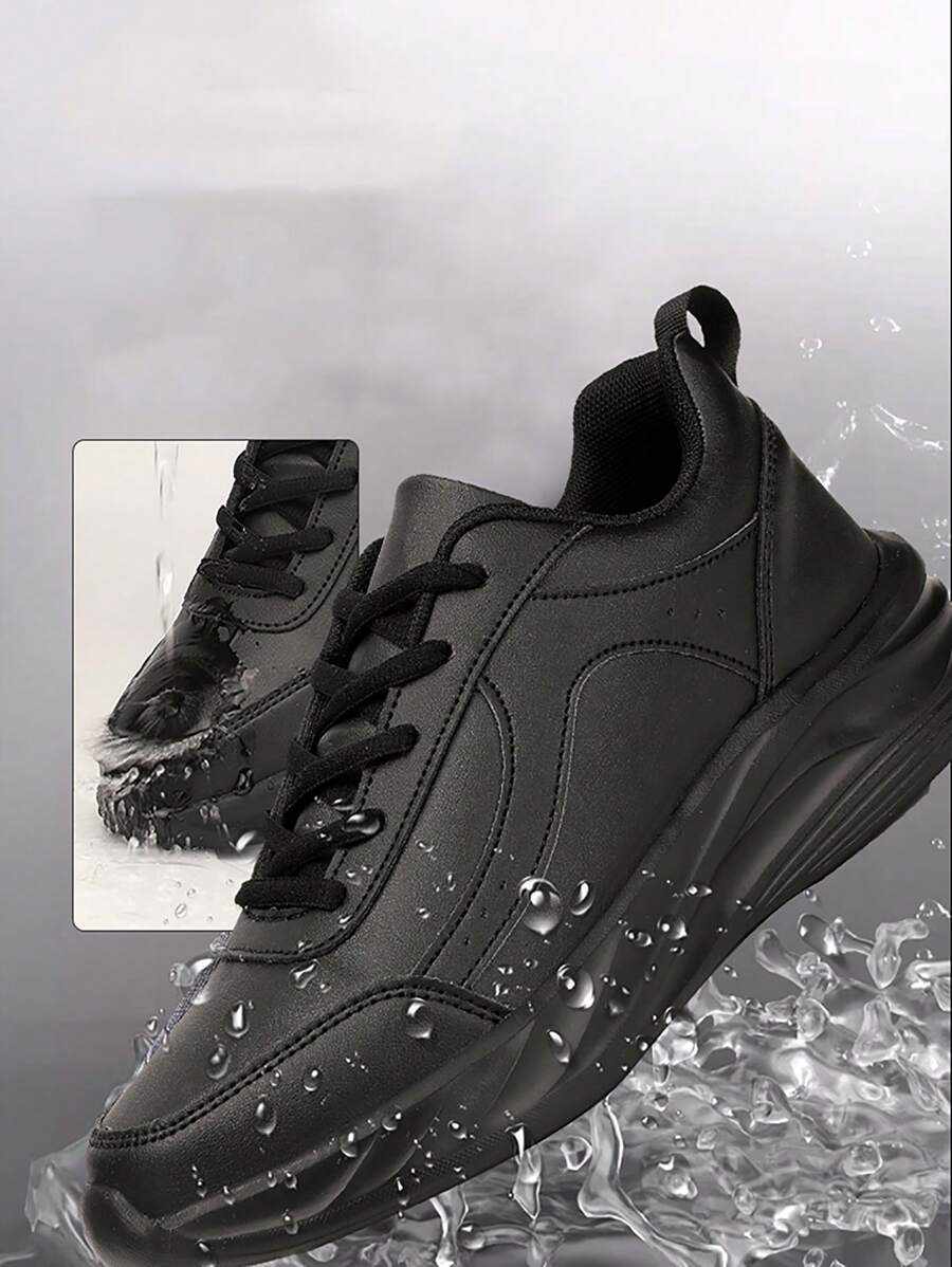 黑色哑光仿感恩节系带百搭拼接休闲运动鞋，女士真皮防水防滑厨房鞋，女士麦当劳软底超市工作鞋 - 黑色 - 查看 1