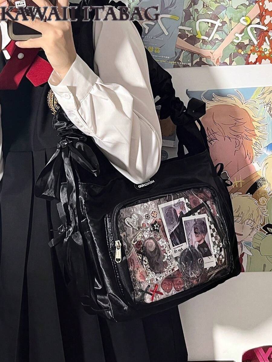 Bolso de correa japonés de satén brillante, bolso de hombro con pliegues, bolso cruzado de PVC transparente, billetera y bolso en forma de nube, regalo para niñas, suave y portátil - Negro - Ver 1