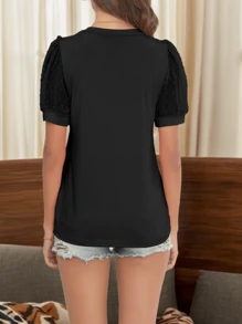 Womens Summer Tops V Neck T Shirts Swiss Dot Puff Sleeve Tops Loose Casual T-Shirts - màu đen - Xem 2