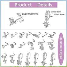 20 件 20G 吊坠鼻环 L 形吊坠鼻钉 女士不锈钢鼻环耳钉 CZ 花朵吊坠鼻环鼻环饰品 情人节、妈妈、母亲、母亲节、礼物 - 彩色 - 查看 5