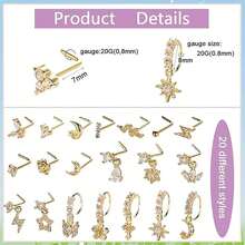 20 件 20G 吊坠鼻环 L 形吊坠鼻钉 女士不锈钢鼻环耳钉 CZ 花朵吊坠鼻环鼻环饰品 情人节、妈妈、母亲、母亲节、礼物 - 彩色 - 查看 2