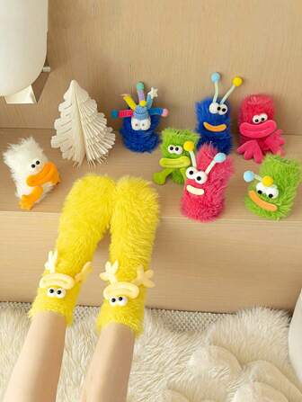 1/2/3双女士个性创意中筒袜厚实保暖袜子搞笑袜子丑袜子可爱袜子大眼袜毛绒袜秋冬新款厚实保暖落地中筒袜