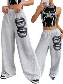 街头时尚复古黑灰色唇印设计女士宽松舒适灰色印花阔腿裤运动裤 - 灰色 - 查看 3