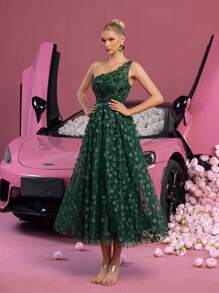 Elisanya Elegant Floral Applique One Shoulder Back Lace Up Graduation Dress - Perfect For Back To School, Gathering, Dance & Summer Galas Party - Dark Green - View 3