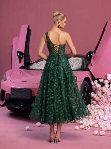 Elisanya Elegant Floral Applique One Shoulder Back Lace Up Graduation Dress - Perfect For Back To School, Gathering, Dance & Summer Galas Party - Dark Green - View 2