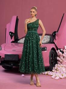 Elisanya Elegant Floral Applique One Shoulder Back Lace Up Graduation Dress - Perfect For Back To School, Gathering, Dance & Summer Galas Party - Dark Green - View 4