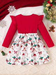 Girls' Christmas Ruffle Bow Dress With Snowman, Candy Cane, Christmas Tree Print, Holiday Outfit - Red - View 2